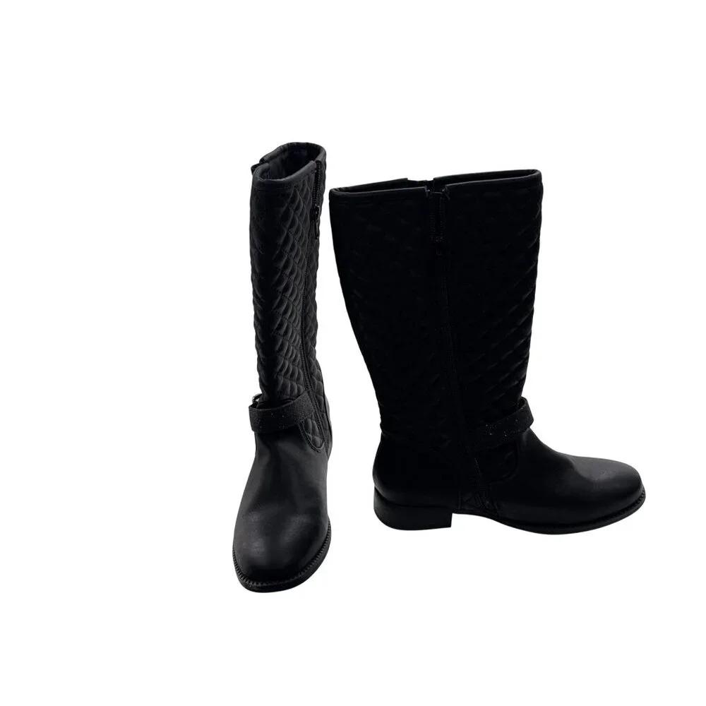 Skechers Girls Black Quilted Knee-High Boots With Gold Buckles & Side Zippers - - Picture 2 of 10